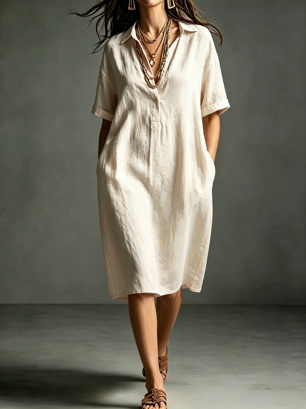 Ärmelloses V-Neck Kleid mit Taschen