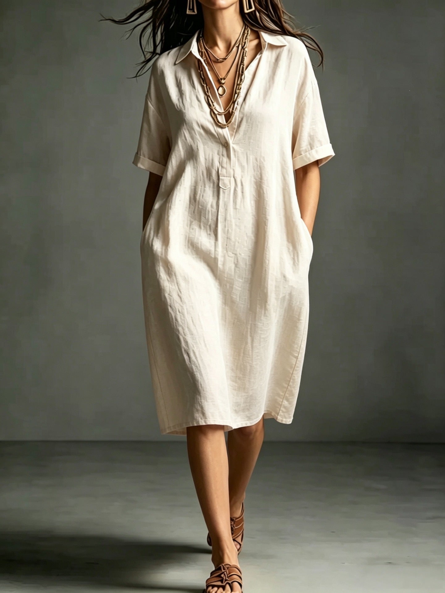 Ärmelloses V-Neck Kleid mit Taschen