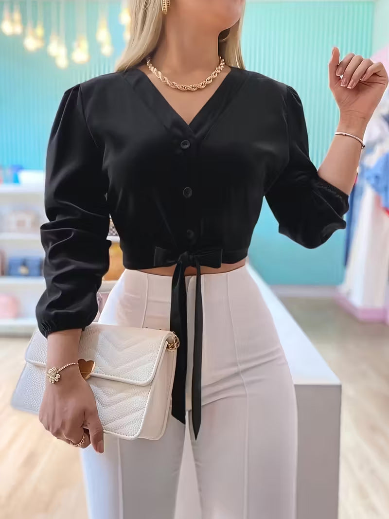 Kurze Bluse mit Puffärmeln und Schnürung – Ansicht 2