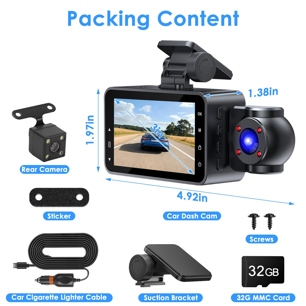 3-Kanal-Dashcam mit 1080p und Nachtsicht