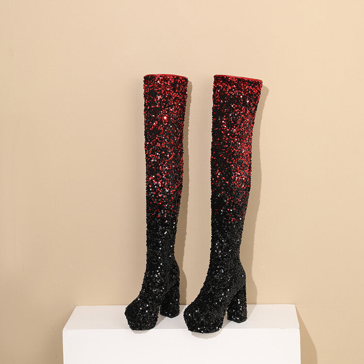 Sequen-Schuhe mit Stilettoabsatz, Überknie