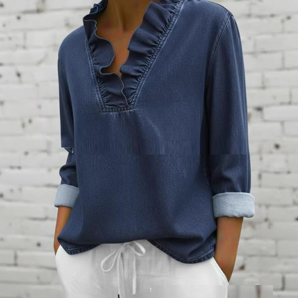 Denim-Rüschenbluse mit langen Ärmeln – Bild 5 | LuxeStyle