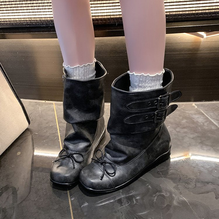 Schwarze Ballerina-Boots Retro mit Schleife