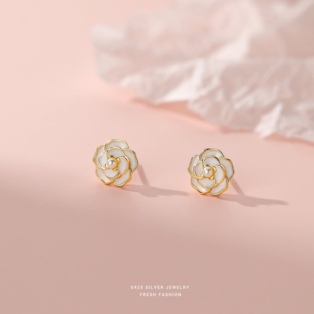 S925 Sterling Silber Camellia Perlen-Ohrstecker