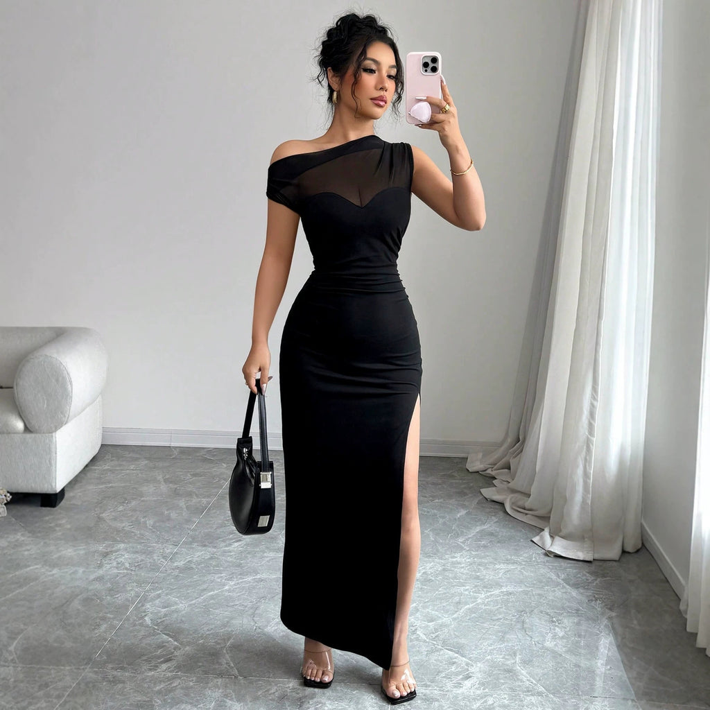 Schwarzes Off-Shoulder Spliced Kleid – Bild 5 | LuxeStyle