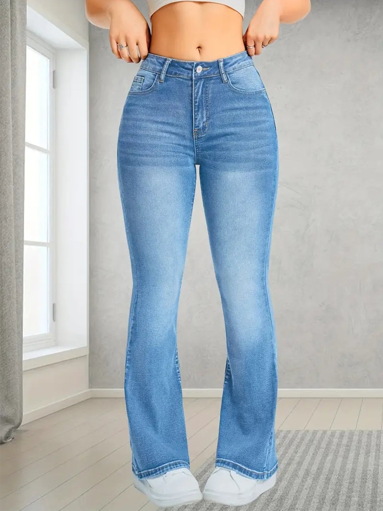 Hochtaillierte Stretch-Flare-Jeans, Hellwasch Slim Fit Bootcut