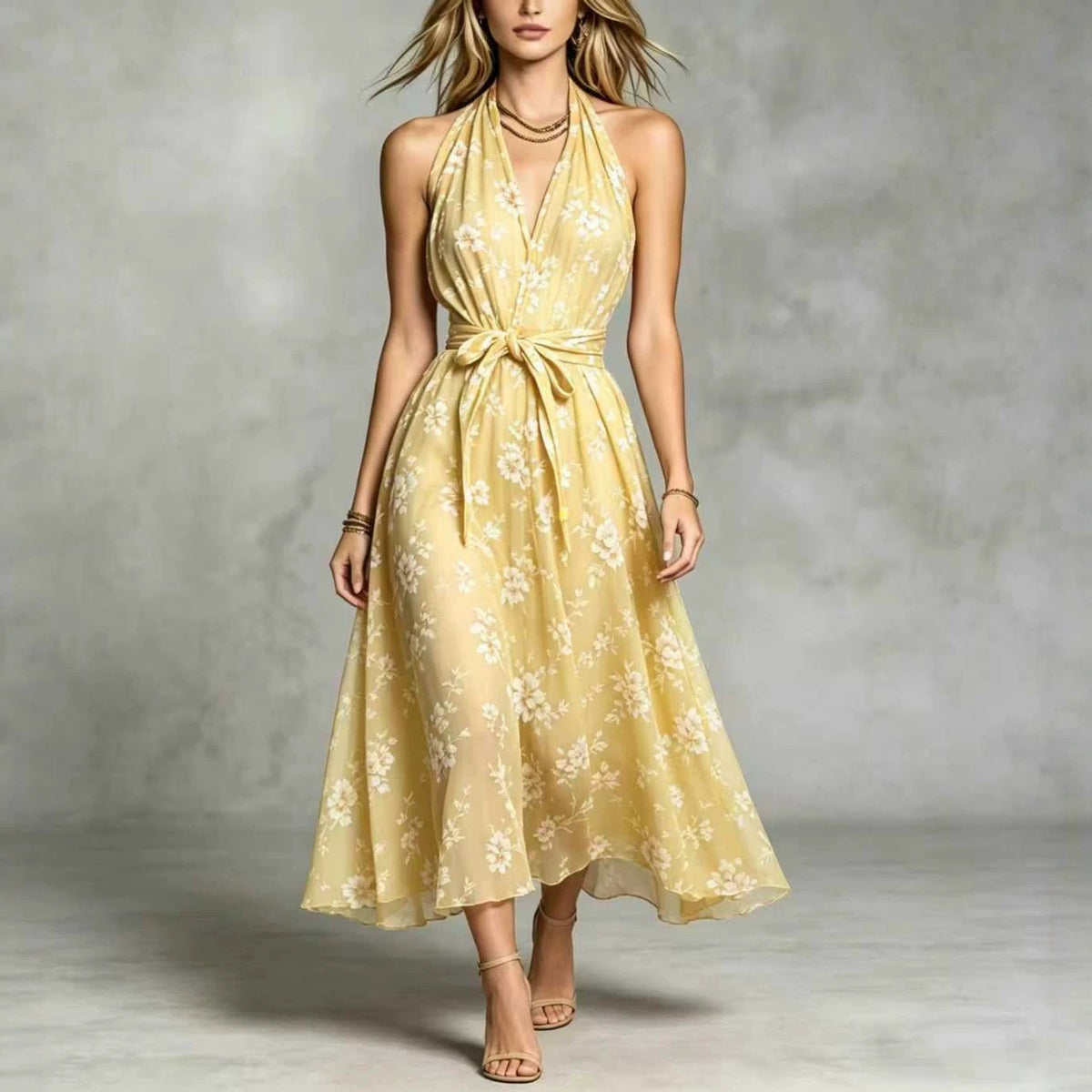 Damen V-Ausschnitt Maxikleid mit Blumenmuster & Schleife – Bild 6 | LuxeStyle