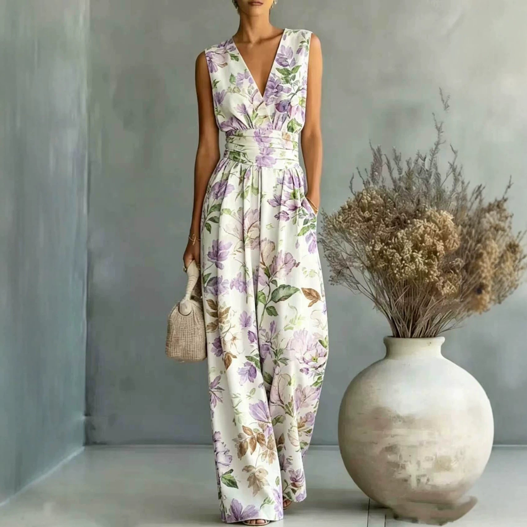 Ärmelloser Jumpsuit mit V-Ausschnitt und Print