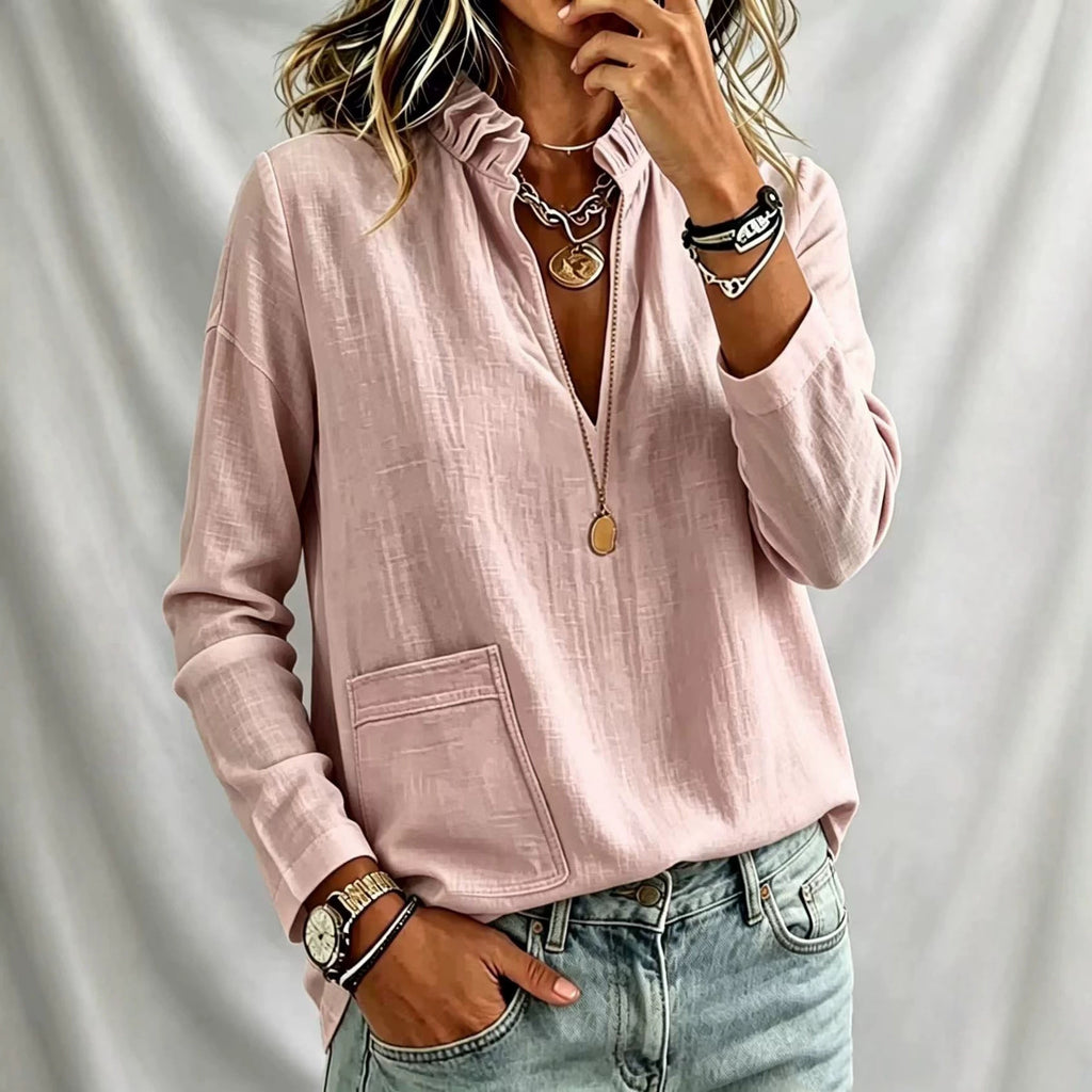 Stehkragen-Bluse mit langen Ärmeln und Taschen