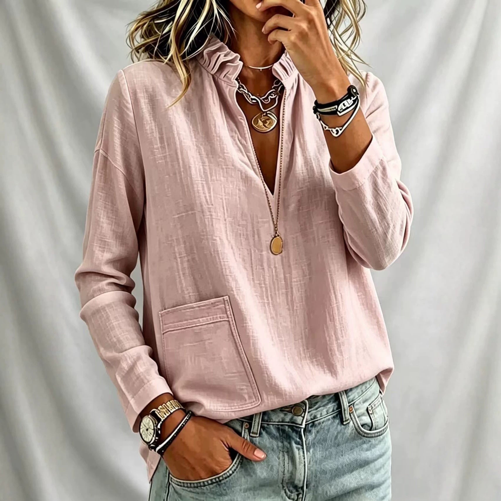 Stehkragen-Bluse mit langen Ärmeln und Taschen