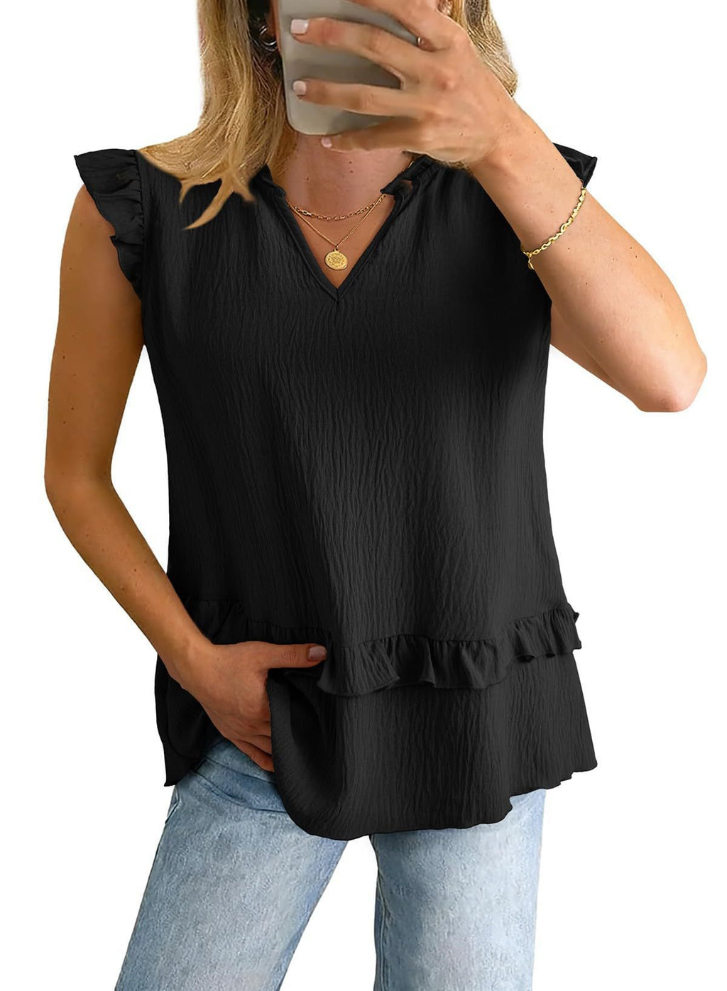 Damen V-Ausschnitt Shirt mit Rüschensaum – Bild 11 | LuxeStyle