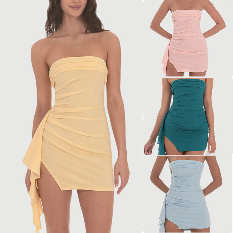 Off-Shoulder Plisseekleid mit Schlitz