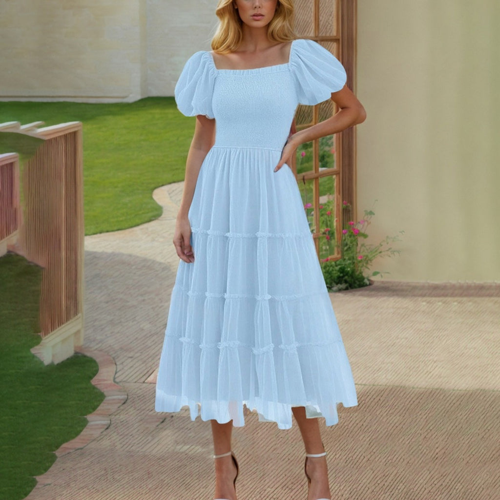 Gerüschtes langes Mesh-Kleid mit eckigem Ausschnitt – Bild 11 | LuxeStyle