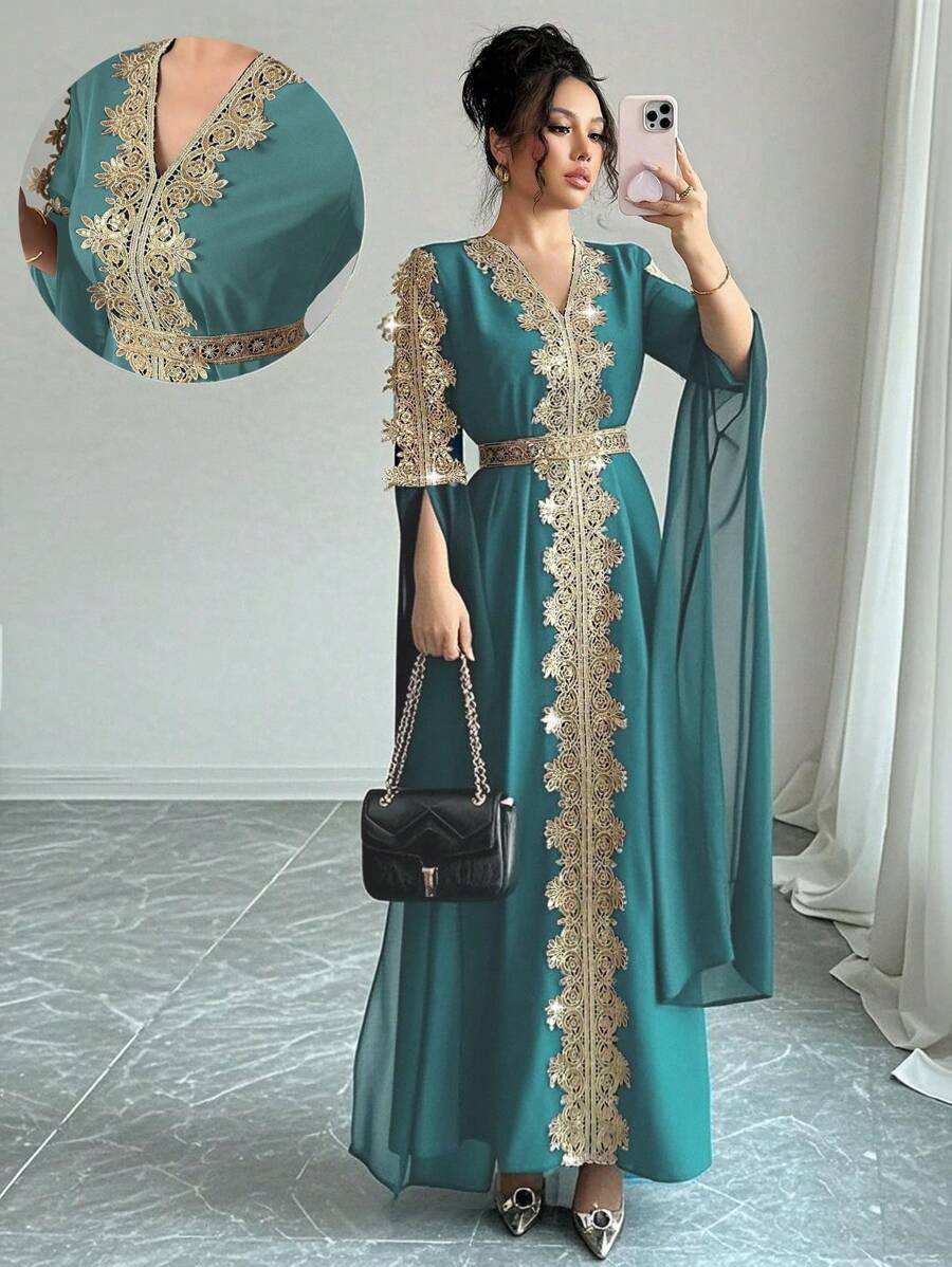 Besticktes V-Ausschnitt Maxikleid