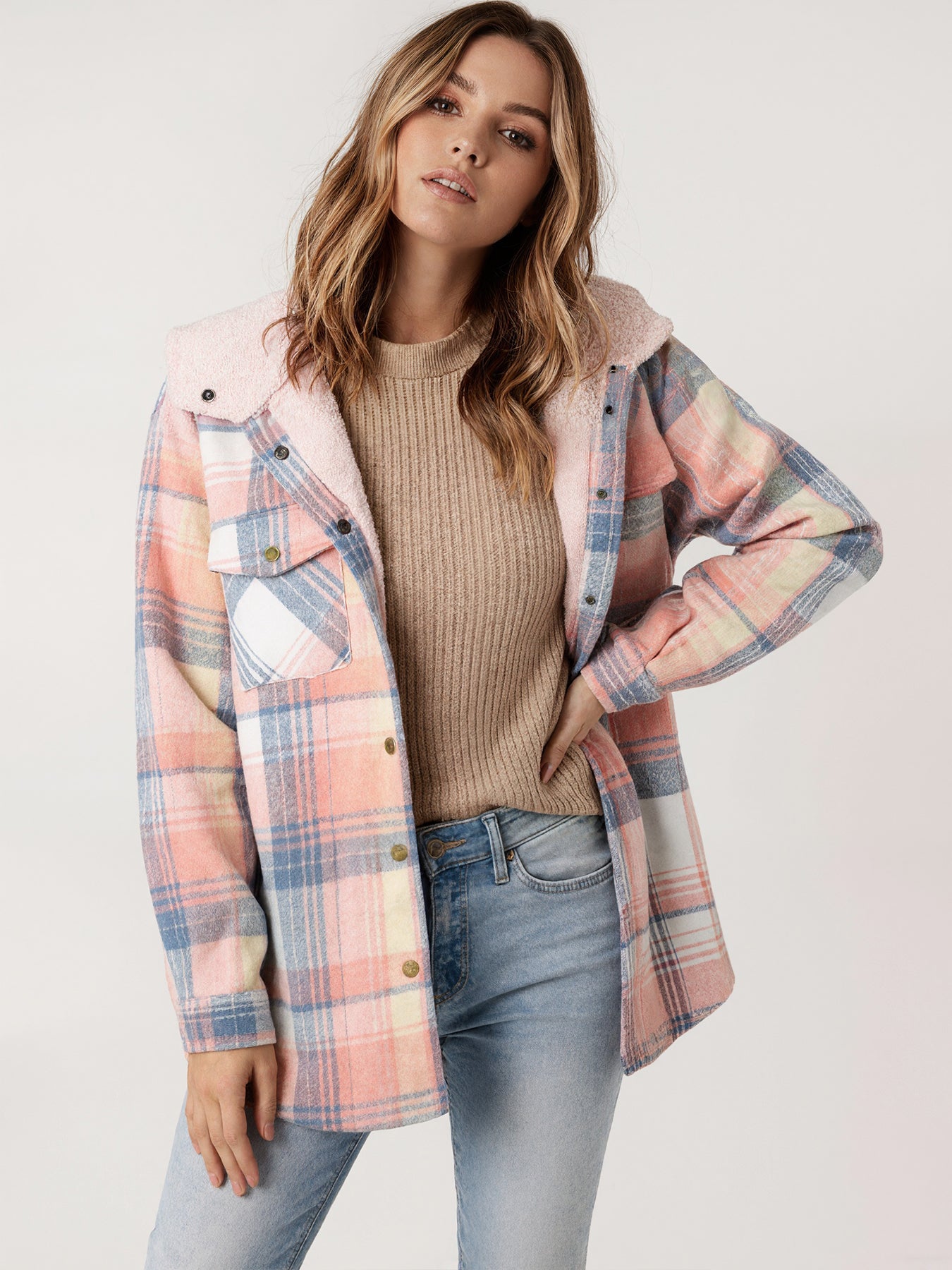 Karierte Fleece-gefütterte Kapuzenjacke für Damen