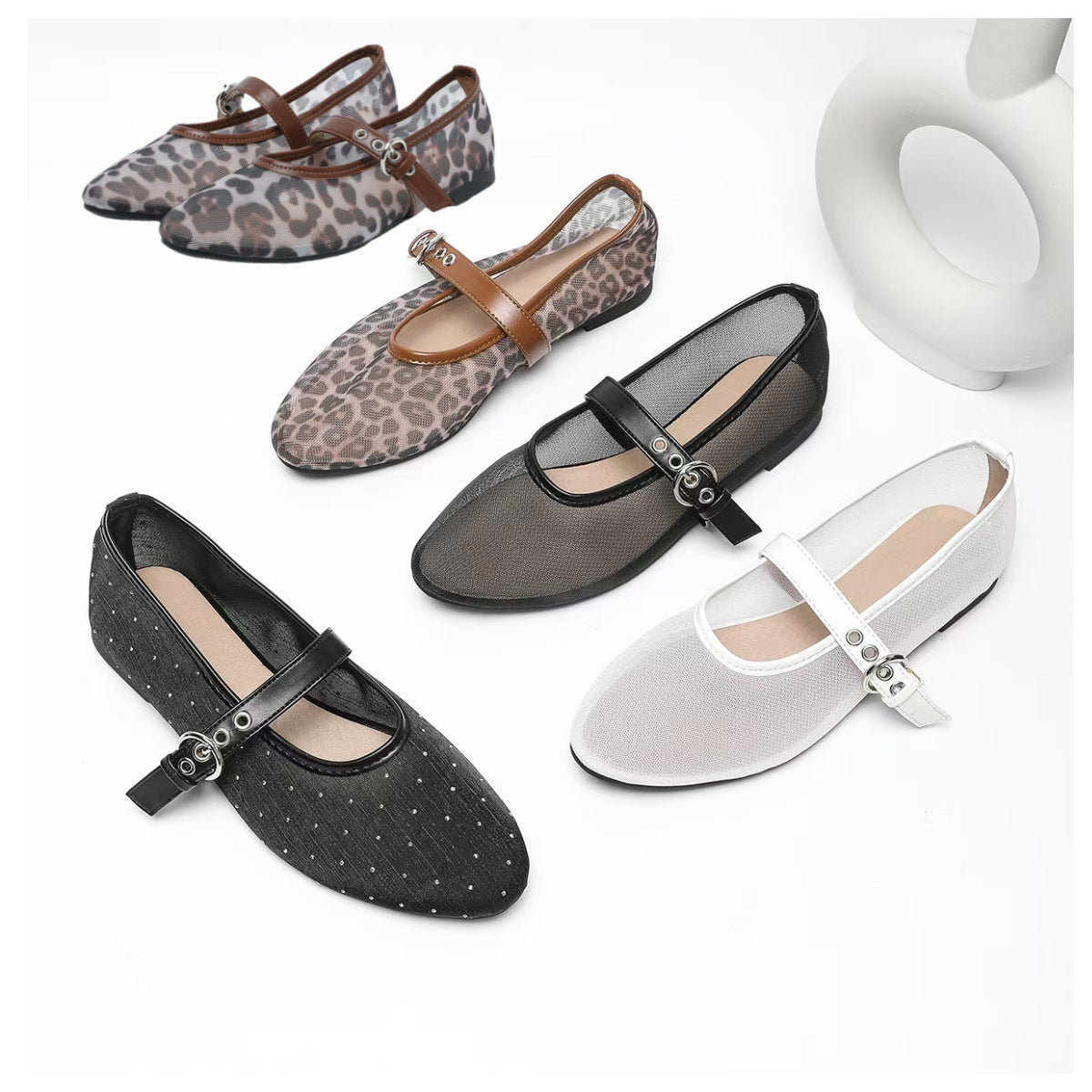 Leopard-Print Mesh Ballerinas