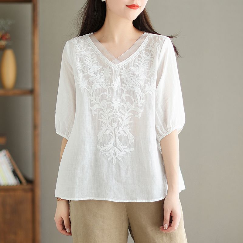 Besticktes Leinen-Baumwoll-Shirt