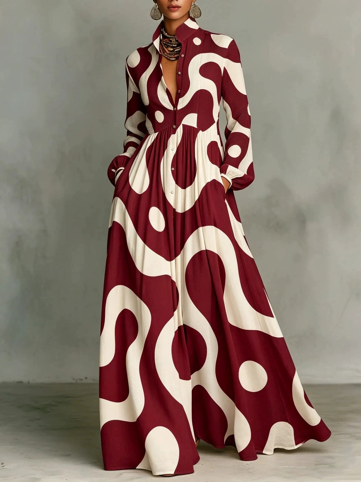 Maxikleid mit Stehkragen und Vintage-Print – Bild 15 | LuxeStyle