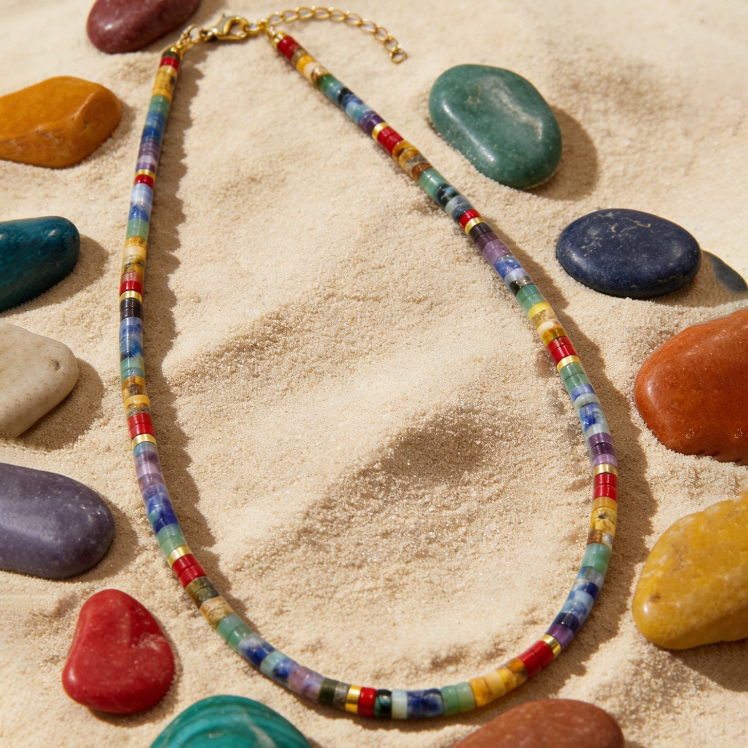 Boho-Choker Samsara 7-Chakra Heishi-Perlen Naturstein