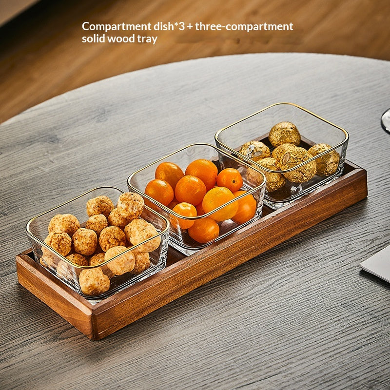 Glas-Servierplatte mit Holztablett
