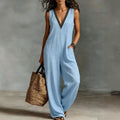 V-Ausschnitt Ärmelloser Jumpsuit mit weitem Bein
