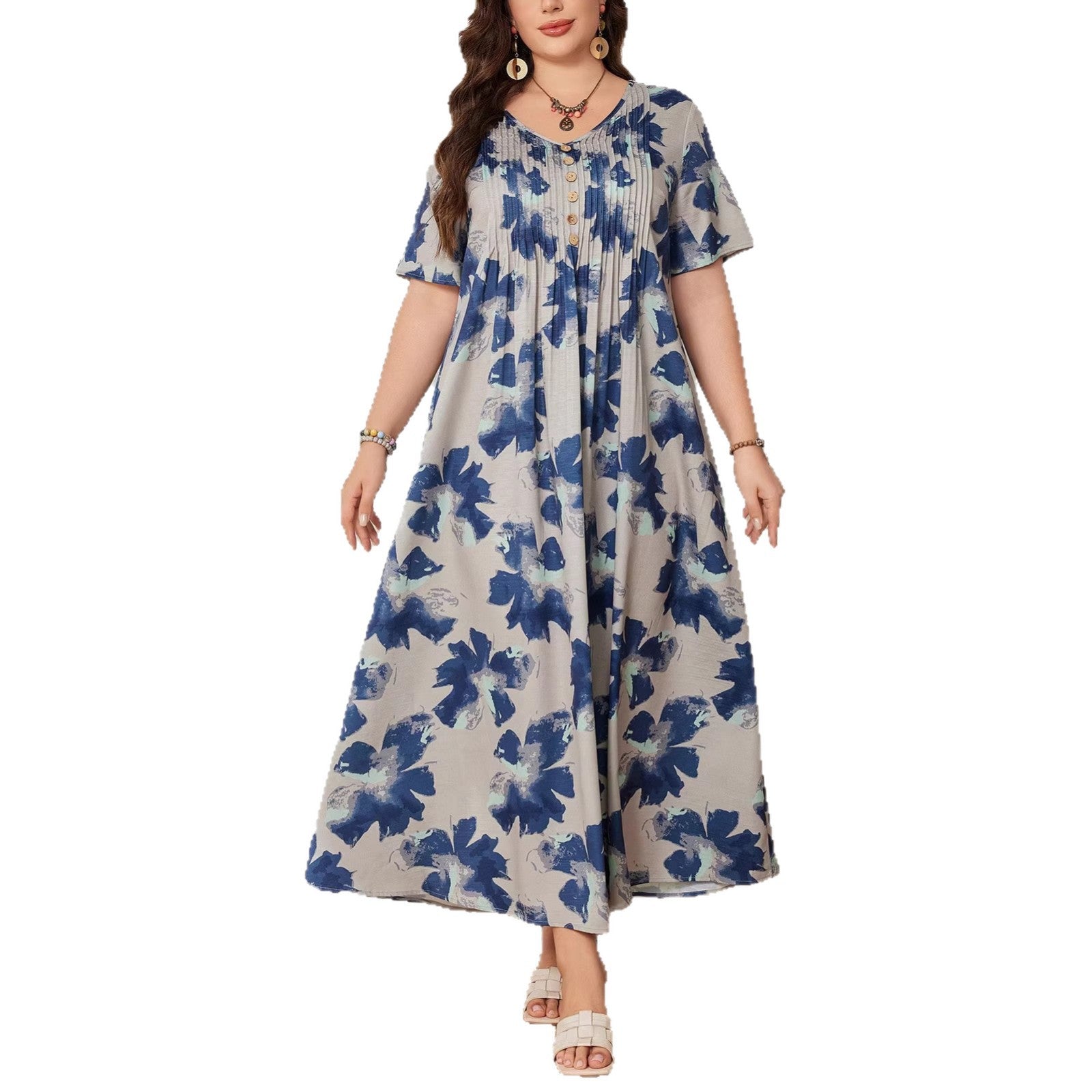Bedrucktes V-Ausschnitt A-Linien Kleid