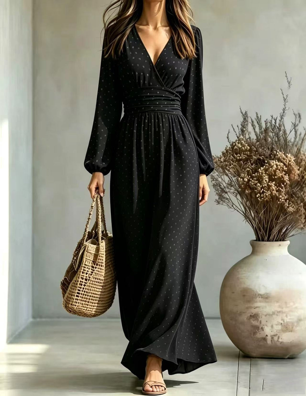 Elegantes V-Neck Kleid mit Laternenärmeln
