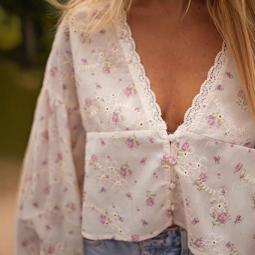 Bestickte Bluse mit Laternenärmeln und V-Ausschnitt – Bild 2 | LuxeStyle