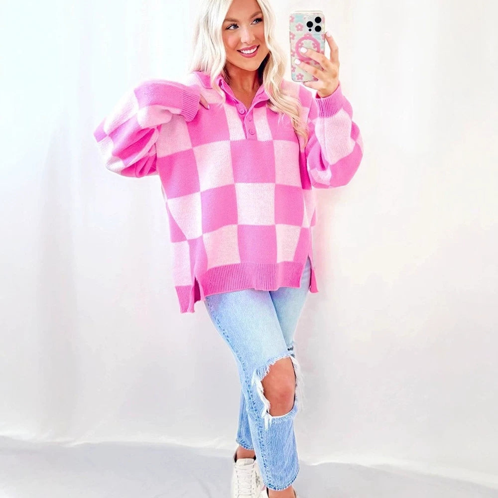 Halb-Knopf Pullover mit Patchwork-Karo