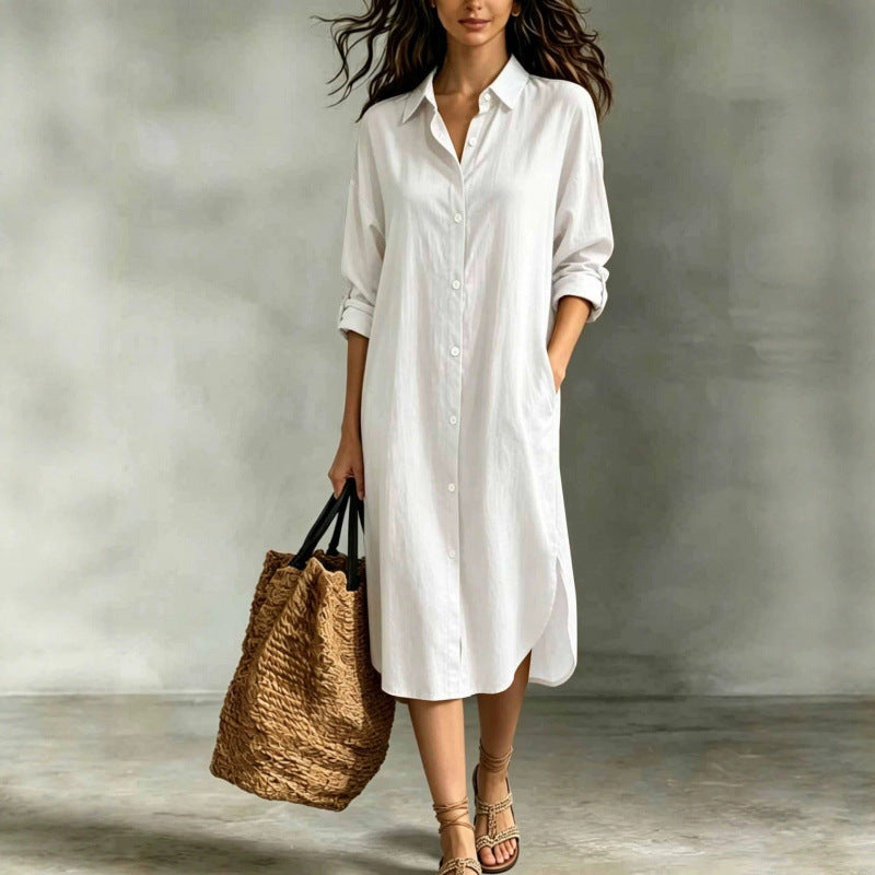 Leinen-Baumwoll Hemdblusenkleid mit Taschen – Bild 4 | LuxeStyle