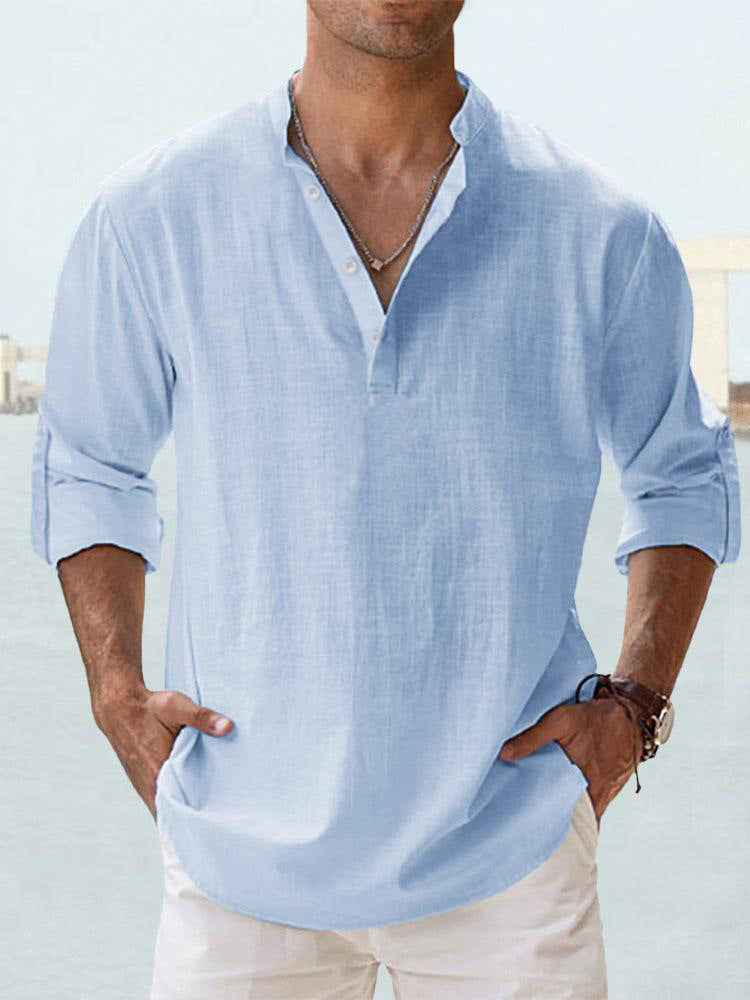 Männer-Linen-Long-Sleeve-Top mit Stand-Up-Hals – Bild 3 | LuxeStyle