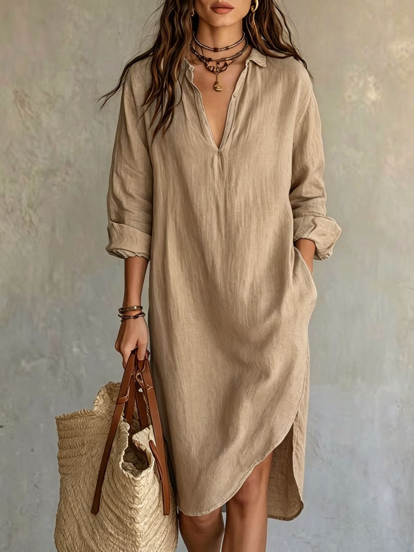 Leinen-Bluse Kleid mit Schlitz