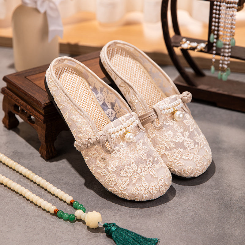 Sommer Mesh-Mules mit Perlen-Schnalle