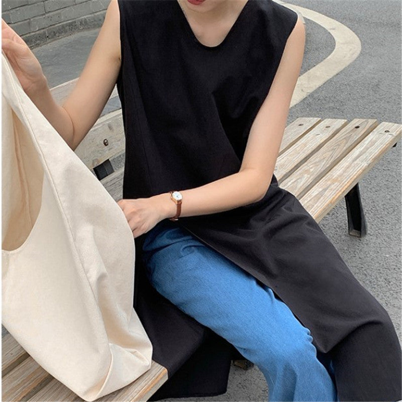Ärmelloses V-Neck Tank Dress aus Baumwoll-Leinen