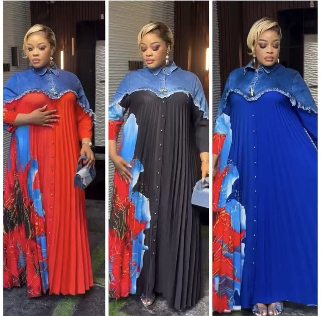 Denim Patchwork Plissiertes Langarm-Kleid