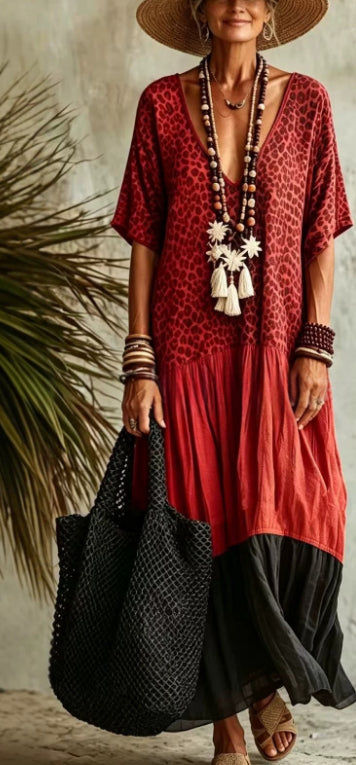 Langes Casual-Kleid mit Leo-Print und Color-Blocking – Bild 9 | LuxeStyle