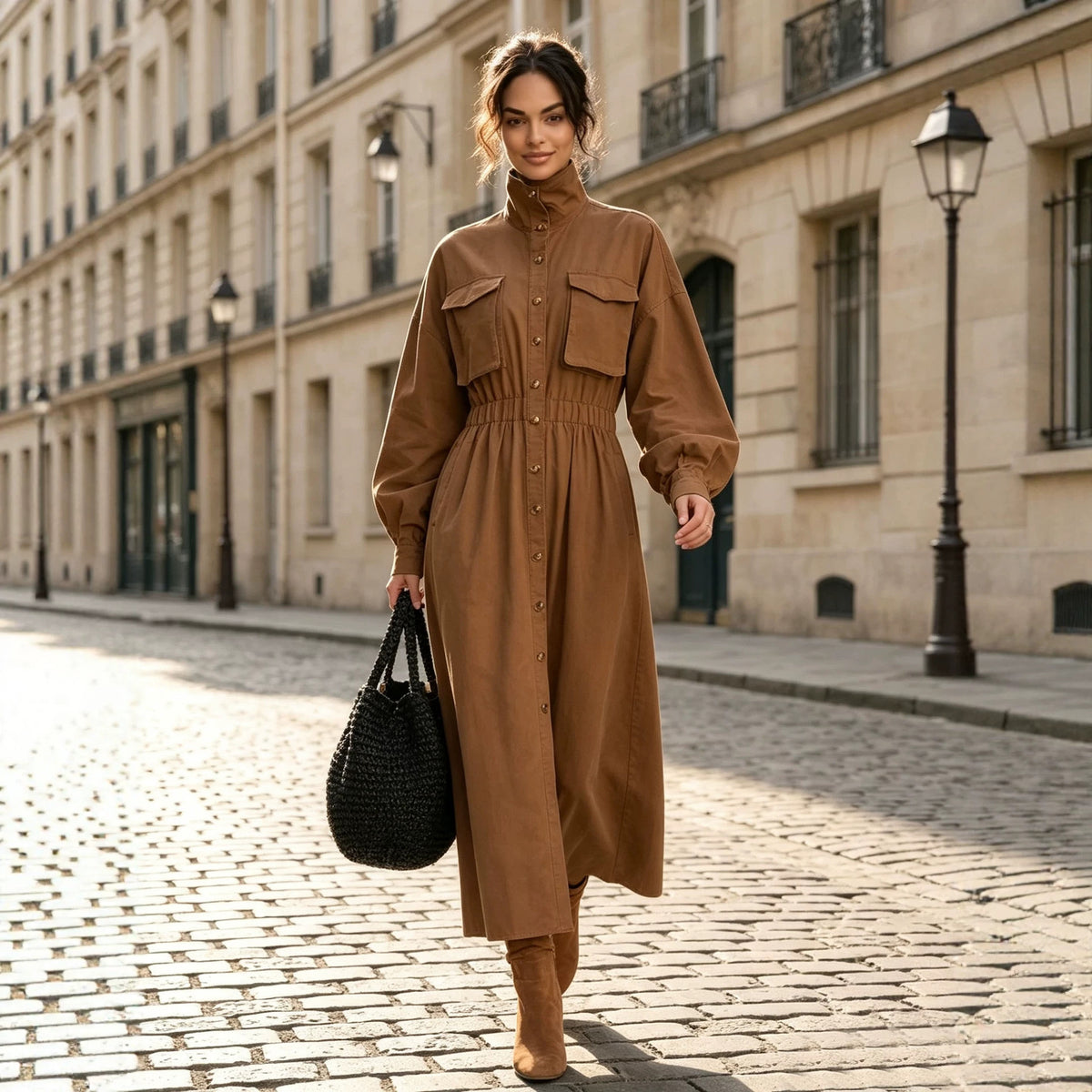 Stehkragen-Knopfkleid mit Patchwork, A-Linie – Bild 3 | LuxeStyle