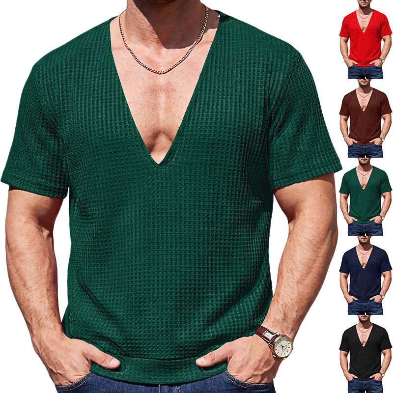 Einfarbiges Wellen-Web T-Shirt mit Tief-V-Ausschnitt Kurzarm