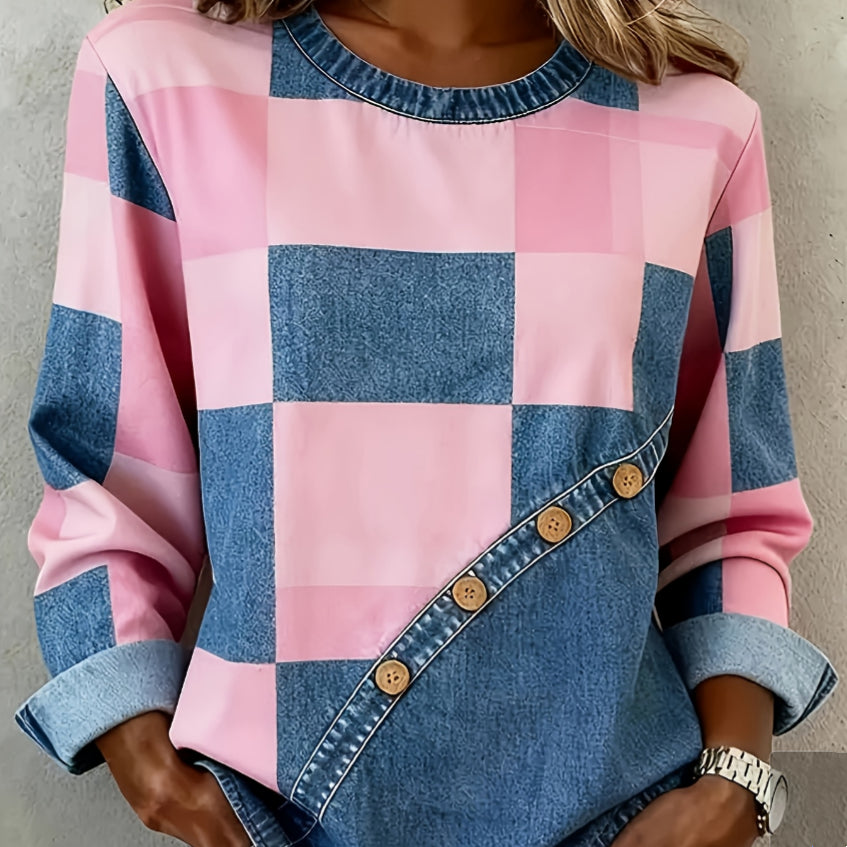 Damen Sweatshirt mit hellblauem Karomuster