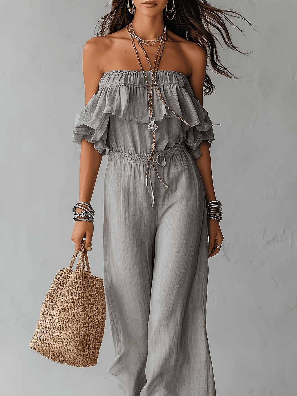 Off-Shoulder Jumpsuit mit Rüschensaum