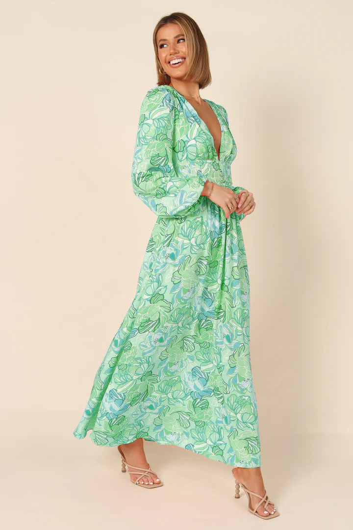 Bedrucktes rückenfreies V-Ausschnitt Langarm-Kleid – Bild 7 | LuxeStyle