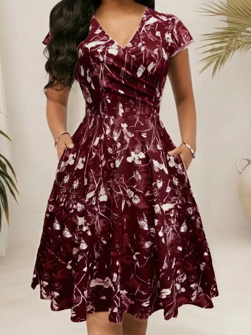 Geblümtes A-Linien Kleid mit V-Ausschnitt – Bild 2 | LuxeStyle