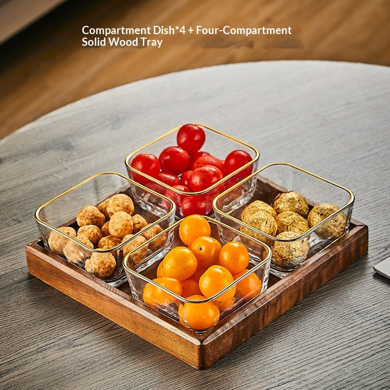 Glas-Servierplatte mit Holztablett