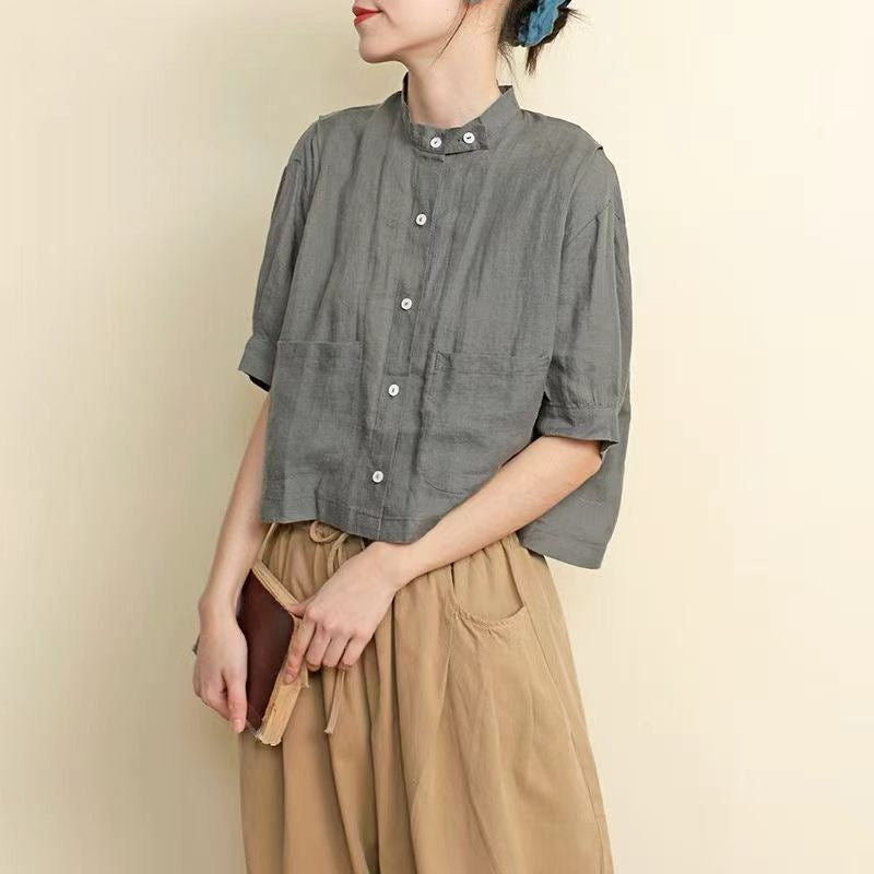 Retro Mock-Neck Top aus Ramie