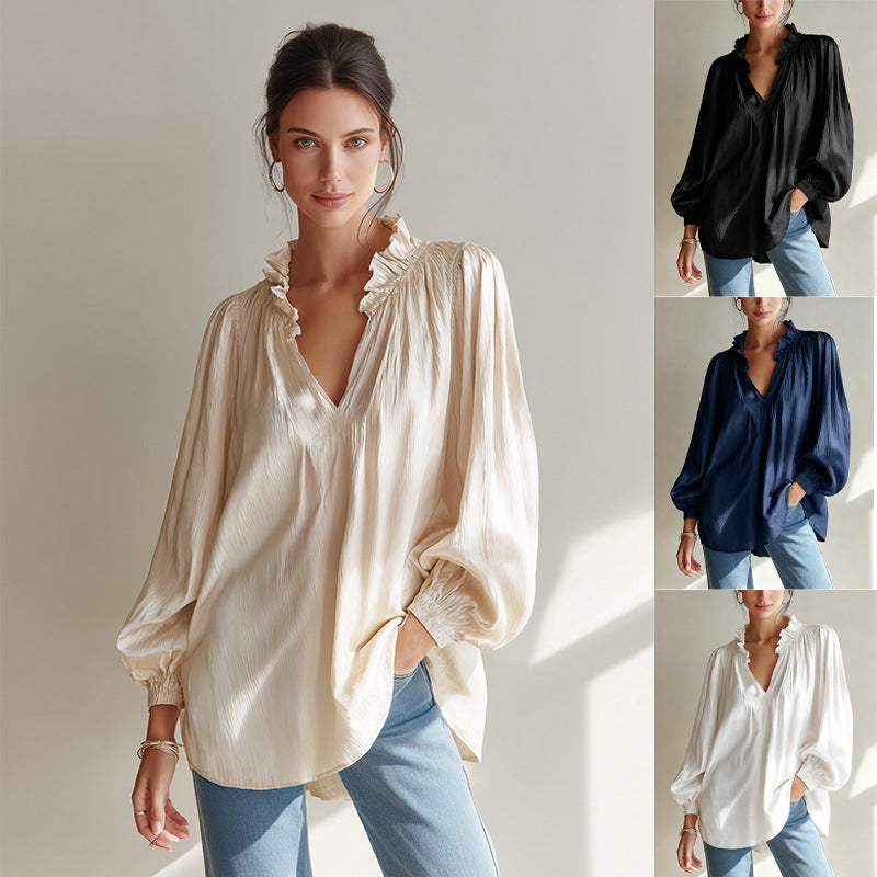 V-Neck Langarm-Top mit Ballonärmeln