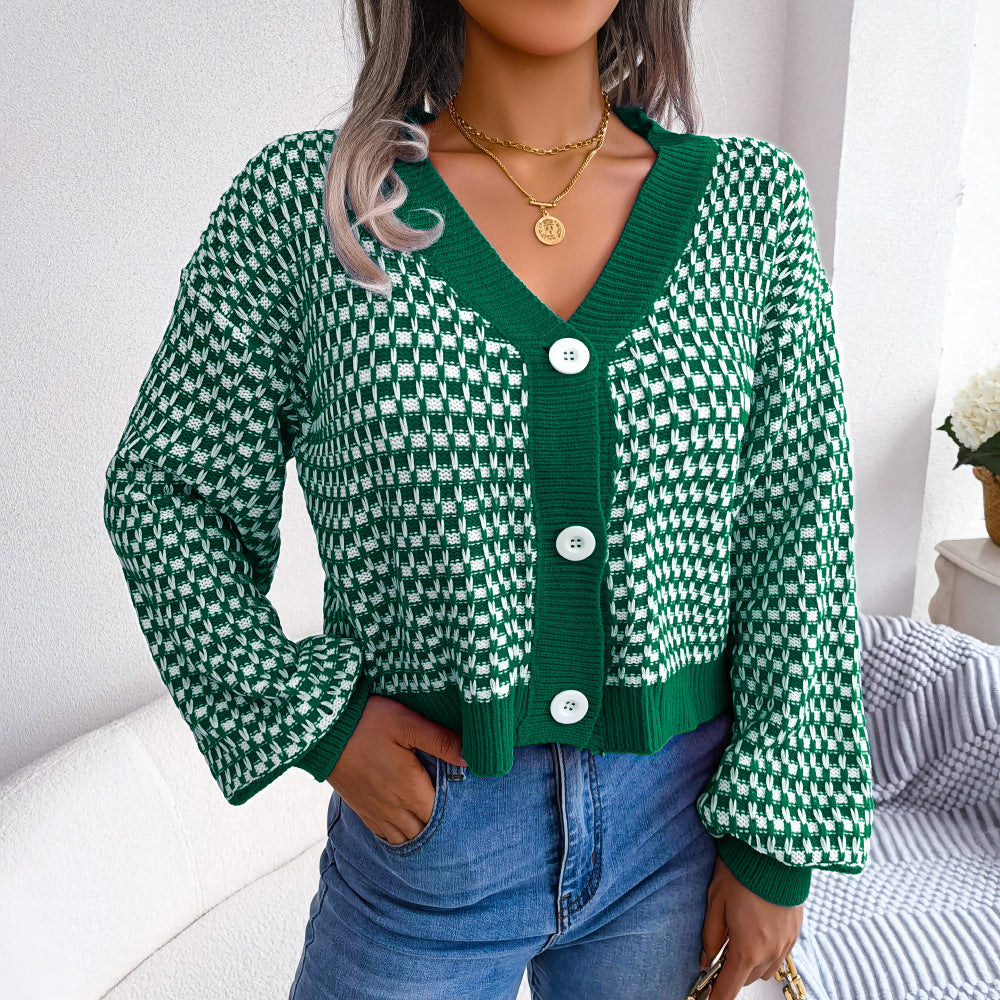 Cardigan mit Farbblock-Plaid und Puffärmeln