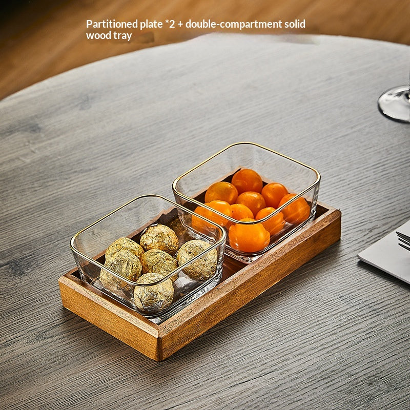 Glas-Servierplatte mit Holztablett