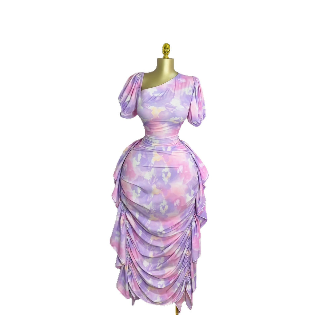 Lila Bodycon Kleid mit Puffärmel und Rüschensaum – Bild 3 | LuxeStyle