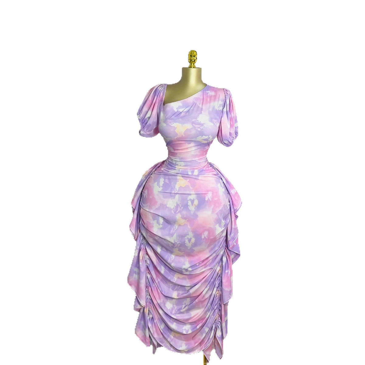 Lila Bodycon Kleid mit Puffärmel und Rüschensaum – Bild 3 | LuxeStyle