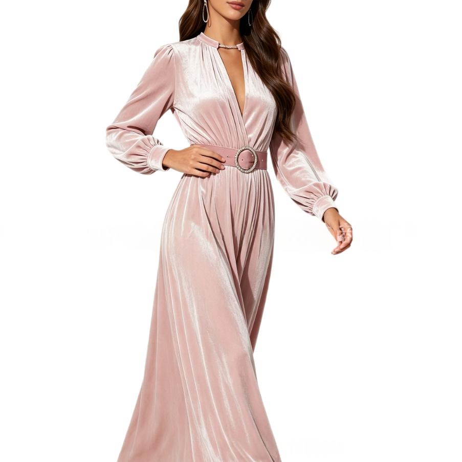 Velvet-Kleid mit V-Ausschnitt und Taillenbetonung